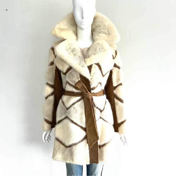 Unbranded Jackets & Blazers - Genuine Geometric Cream w Light Gray Mink Tan Faux Suede Mid Jacket Coat Sz XS-M